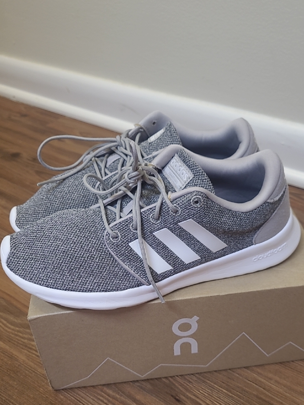 adidas Light Gray Knit Sneakers with White Three Stripes for women size 7.5 used